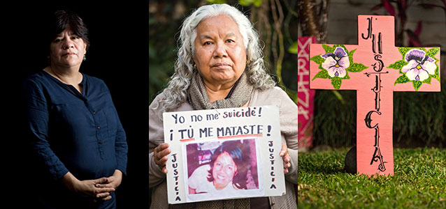 Photos left to right: María Consuelo Mejía Piñeros, Director of Catholics for the Right to Decide. Irinea Buendía holds up a photo of her daughter Mariana Lima. A cross calling for justice for the femicide of Mariana Lima, made by her mother. Photos: UN Women/Dzilam Méndez