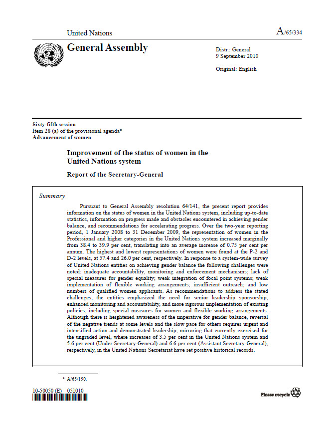Improvement of the status of women in the United Nations system: Report of the Secretary-General (2010)