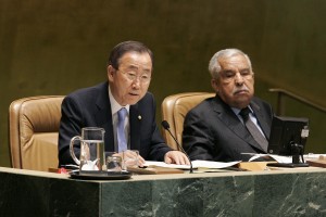 Secretary-General Ban Ki-moon (left) and GA President Ali Treki at meeting that approved UN Women.