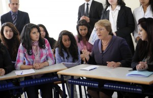 To kick off International Women's Day celebrations, UN Women Executive Director Michelle Bachelet took part in an interactive dialogue with young school girls at the “Abidar Al Ghafari High School in Rabat, Morocco. The meeting brought together students who have been nominated by their peers from fifteen schools around the city, to engage in a conversation on women's leadership and recent changes in the region. (Photo: UN Women/Karim Selmaoui.)