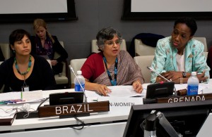 Saraswathi Menon, UN Women Director for Policy (pictured center), speaks on the subject of gender perspectives in the post 2015 development agenda and the SDGs. Pictured left is Marcia Machagata, Ministry of Social Affairs and Combating Hunger, Brazil. Pictured right is  Dessima Williams, Ambassador and Permanent Representative of the Permanent Mission of Grenada to the UN. Photos:UN Women/Ryan Brown