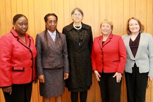 Pictured from left: Claire Carlton-Hanciles, Chief Defender of the Court; Court Registrar Binta Mansaray; Prosecutor Brenda Hollis; Ms. Bachelet; and Justice Shireen Avis Fisher, President of the Court. Pictured from left: Claire Carlton-Hanciles, Chief Defender of the Court; Court Registrar Binta Mansaray; Prosecutor Brenda Hollis; Ms. Bachelet; and Justice Shireen Avis Fisher, President of the Court.