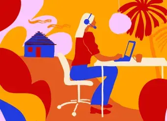 illustration showing a woman working on a computer. 