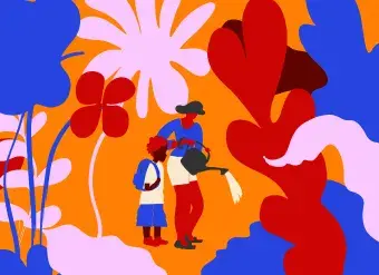 illustration of a mother and child tending a garden. 