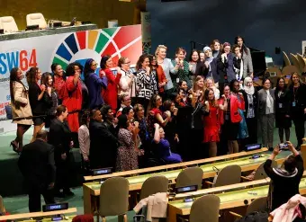 Delegates at the 64th Session of CSW gather in the General Assembly Hall at UN Headquarters in New York, March 2020. Member States adopted a Political Declaration commemorating the 25th anniversary of the Fourth World Conference on Women—just before the session's suspension due to the onset COVID-19. Photo: UN Women/Ryan Brown