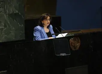 Ms. Sima Bahous, UN Under-Secretary-General and Executive Director of UN Women, delivers her opening statement to the 67th Session of the Commission on the Status of Women in the General Assembly Hall at United Nations Headquarters in New York, 6 March 2023. Photo: UN Women/Ryan Brown 