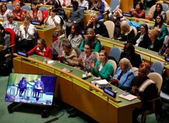 A scene from the CSW67 Townhall Meeting of Civil Society and United Nations Secretary-General António Guterres. The annual consultation, moderated by UN Women’s Executive Director Sima Bahous, is an opportunity for civil society to engage with the Secretary-General on topics pertaining to gender equality and the work of the UN. Photo: UN Women/Ryan Brown
