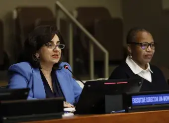 Ms. Sima Bahous, UN Under-Secretary-General and Executive Director of UN Women, delivers the closing statement to the 67th session of the Commission on the Status of Women at its 67th session. Photo: UN Women/Ryan Brown