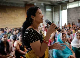 Jemamani Soren, a former local government representative, is seen speaking in Thakurmunda, Odisha, India. 