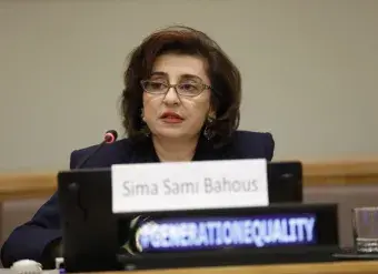 UN Women Executive Director Sima Bahous delivers opening remarks to the Generation Equality side event at the 68th session of the Commission on the Status of Women, UN headquarters, 14 March 2024. Photo: UN Women/Ryan Brown.