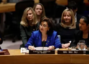 UN Women Executive Director Sima Bahous gives a briefing at the Open Debate of the UN Security Council on Women and Peace and Security.