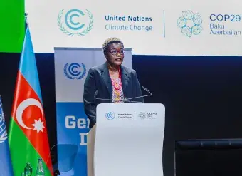 Jemimah Njuki, UN Women Chief of Women’s Economic Empowerment, delivers a keynote address on Gender Day, 21 November, during the second week of the COP29 climate conference in Baku, Azerbaijan.