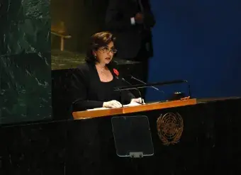 UN Women Executive Director Sima Bahous delivers remarks at the high-level meeting to mark the 25th anniversary of the International Day for the Elimination of Violence against Women, UN Headquarters, 25 November 2024. Photo: UN Women/Ryan Brown.