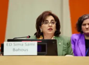 UN Women Executive Director Sima Bahous delivers remarks at the Commission on the Status of Women side event on “Multistakeholder partnerships – Leveraging Generation Equality to advance recommitment, accountability, and resourcing of the Beijing Platform for Action”, 10 March 2025, UN headquarters. Photo: UN Women/Ryan Brown.
