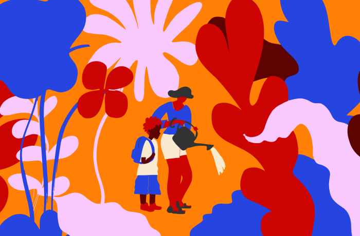 illustration of a mother and child tending a garden. 