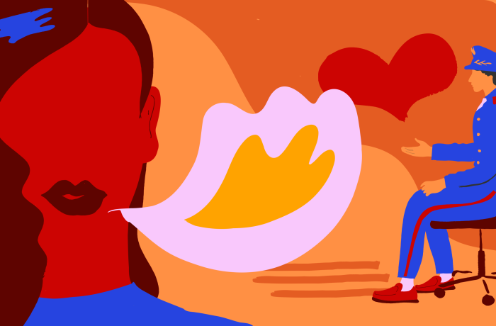 an illustration showing a woman survivor sharing her story of abust. 