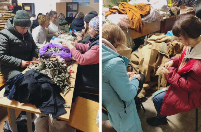 Local and internally displaced women and girls volunteer knitting the camouflage nets for the army and collecting humanitarian aid at the Chernivtsi Polytechnic College, Chernivtsi, Western Ukraine.