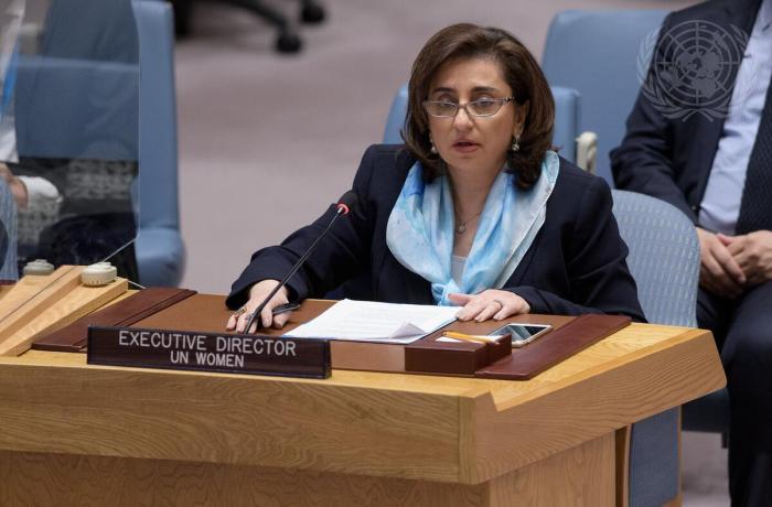 Sima Bahous, Executive Director of UN Women, briefs the Security Council meeting on maintenance of peace and security of Ukraine. Photo: UN Photo/Manuel Elías.