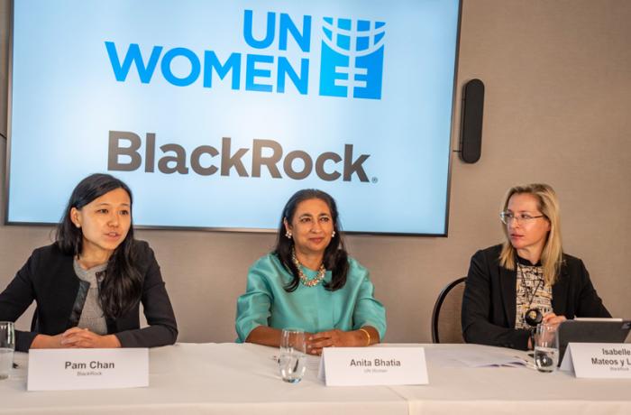 UN Women and Blackrock representatives speaking at the press conference.