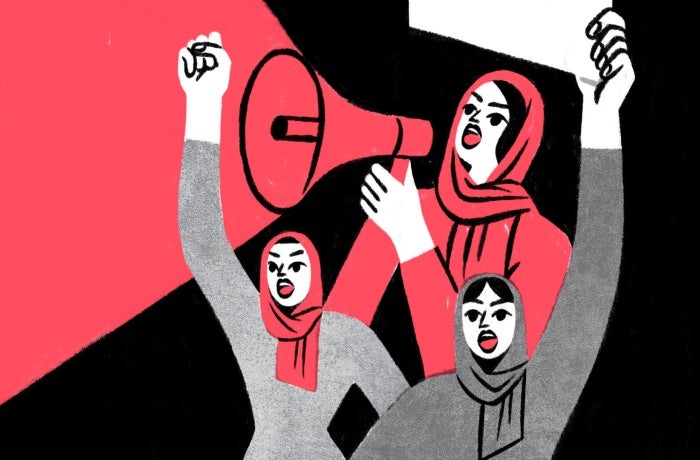 Illustration depicting women protesting. Illustrator: Anina Takeff.