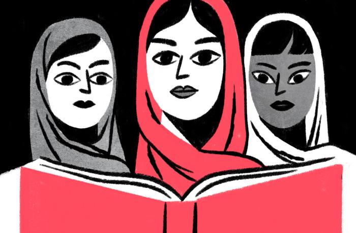 Illustration depicting Afghan women reading. 