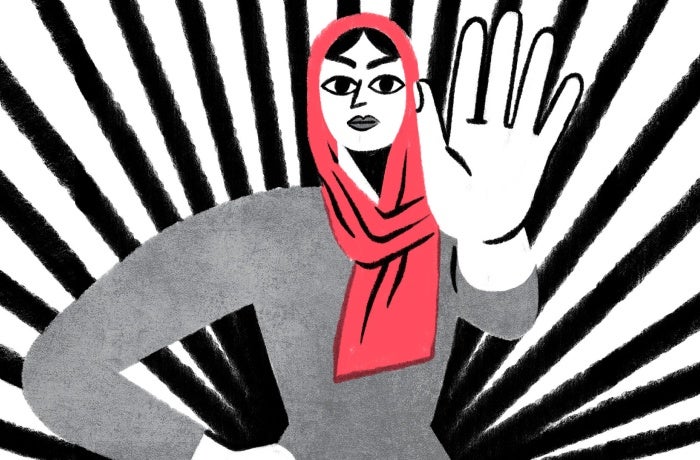 Illustration depicting Afghan woman with her hand up in a "stop" position. Illustrator: Anina Takeff.