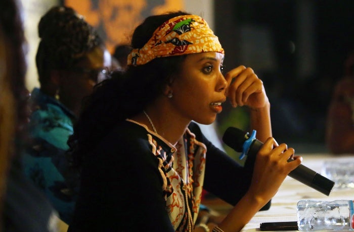 Jaha Dukureh, UN Women Goodwill Ambassador for Africa, speaks in Liberia on 21 November, 2022. Photo: UN Women/Nurudeen Sanni