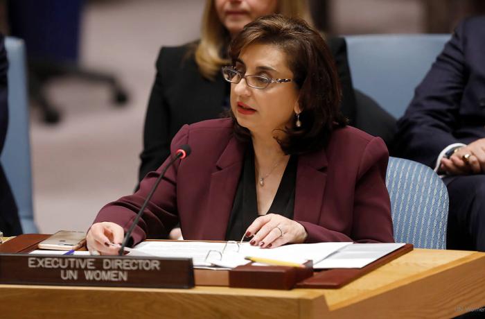 Ms. Sima Bahous, UN Under-Secretary-General and UN Women Executive Director, addresses the UN Security Council meeting on the situation in Somalia, 22 February 2023. Photo: UN Women/Ryan Brown.