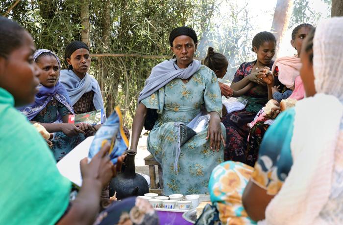 Women gather for coffee in Guba Lafto in the Amhara region of Ethiopia. These “coffee corner” events gathered conflict-affected women and referred women and girls in need to service providers who could offer psychosocial, legal, and medical support. Photo: UN Women.