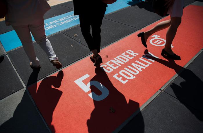 The SDG 5 Gender Equality logo is displayed with other SDG logos on a walkway at United Nations headquarters in New York during the UN General Assembly session in 2019. Photo: UN Women/Amanda Voisard.