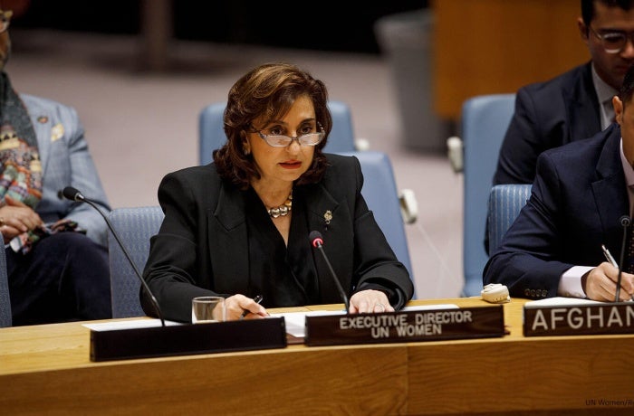 UN Women Executive Director Sima Bahous delivers remarks to the UN Security Council meeting on the situation in Afghanistan, UN Headquarters, 26 September 2023. Photo: UN Women/Ryan Brown.