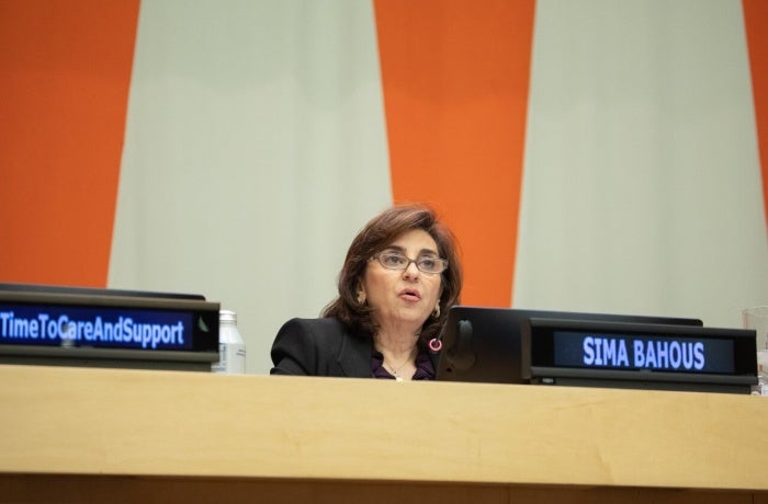 UN Under-Secretary-General and UN Women Executive Director Sima Bahous delivers closing remarks at the inaugural commemoration of the International Day of Care and Support, UN Headquarters, 31 October 2023. Photo: UN Women/Jaclyn Licht.