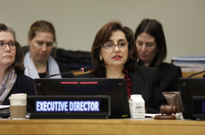 Sima Bahous, UN Under-Secretary-General and UN Women Executive Director, delivers opening remarks to the UN Women Executive Board on 12 February 2024.