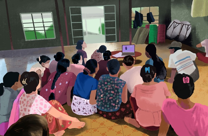 An illustration shows Ma Shwe and others in her community attending an awareness-raising session about gender-based violence on a digital learning platform.