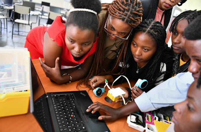 Participants during a robotics session at the first AGCCI bootcamp in Rwanda. 