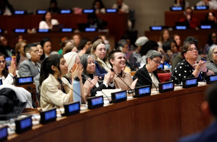 Attendees are seen at the “Multistakeholder Partnerships and Practices to Push Forward for Gender Equality, Human Rights, and Democracy” CSW side event on 20 March 2024.