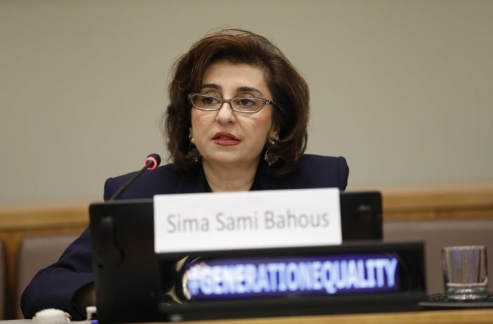 UN Women Executive Director Sima Bahous delivers opening remarks to the Generation Equality side event at the 68th session of the Commission on the Status of Women, UN headquarters, 14 March 2024. Photo: UN Women/Ryan Brown.