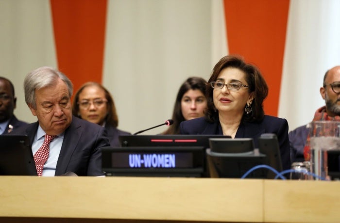 UN Women Executive Director Sima Bahous delivers opening remarks at the UN official commemoration of International Women’s Day, 8 March 2024, UN headquarters. Photo: UN Women/Ryan Brown.