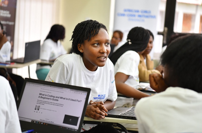 Natacha Sangwa participates in Rwanda's first African Girls Can Code Initiative (AGCCI) coding bootcamp in held at IPRC Tumba Polytechnic College, Rulindo District in October 2023.
