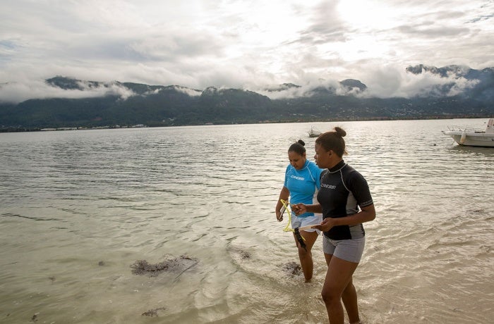 Sylvanna Antat, Marine Research Officer with the Seychelles National Parks Authority, plays a leading role in mapping coral reefs in the waters around Mahe Island in Seychelles.