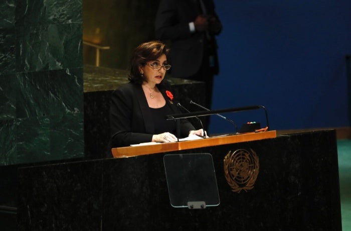 UN Women Executive Director Sima Bahous delivers remarks at the high-level meeting to mark the 25th anniversary of the International Day for the Elimination of Violence against Women, UN Headquarters, 25 November 2024. Photo: UN Women/Ryan Brown.