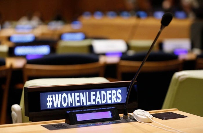 A view of a digital sign that reads: Women leaders, displayed at UNGA79