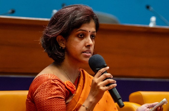 Pritha Chatterjee, from Breakthrough, India, speaks at a roundtable during the Beijing+30 Review event in Bangkok, Thailand.