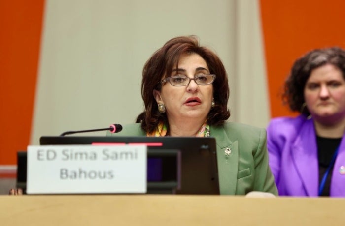 UN Women Executive Director Sima Bahous delivers remarks at the Commission on the Status of Women side event on “Multistakeholder partnerships – Leveraging Generation Equality to advance recommitment, accountability, and resourcing of the Beijing Platform for Action”, 10 March 2025, UN headquarters. Photo: UN Women/Ryan Brown.