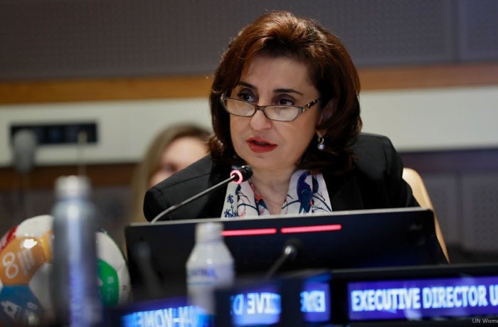 UN Women Executive Director Sima Bahous delivers remarks at a side event to mark the International Day of Sport for Development and Peace, UN Headquarters, 7 April 2025. Photo: UN Women/Ryan Brown.