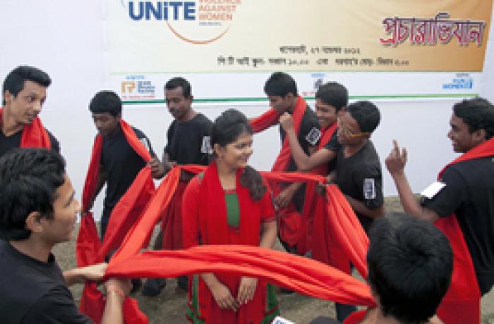 At the PTI School in the Bagerhat district of southwestern Bangladesh, youth perform interactive theatre on violence against women.