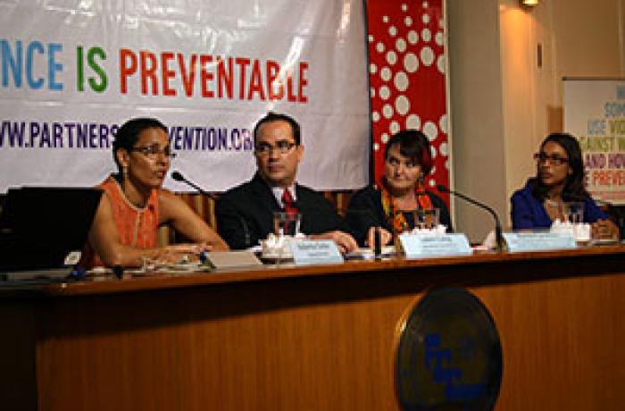 From left: Roberta Clarke, Regional Director of UN Women Asia-Pacific; James Lang, Programme Coordinator of Partners for Prevention; Rachel Jewkes, Lead Technical Advisor on the paper; Dr. Emma Fulu, Research Specialist, Partners for Prevention at the lau