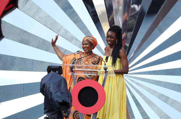 UN Women Executive Director Phumzile Mlambo-Ngcuka and UN Women Goodwill Ambassador Danai Gurira on stage at the Global Citizen Festival: Mandela 100. Photo: Jemal Countess/Getty Images