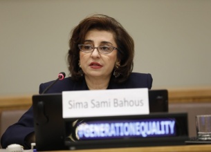 UN Women Executive Director Sima Bahous delivers opening remarks to the Generation Equality side event at the 68th session of the Commission on the Status of Women, UN headquarters, 14 March 2024. Photo: UN Women/Ryan Brown.