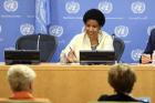 UN Women Executive Director Phumzile Mlambo-Ngcuka briefs journalists at United Nations Headquarters on the upcoming 20th Anniversary of the Fourth World Conference on Women in Beijing. Photo: UN Women/Ryan Brown